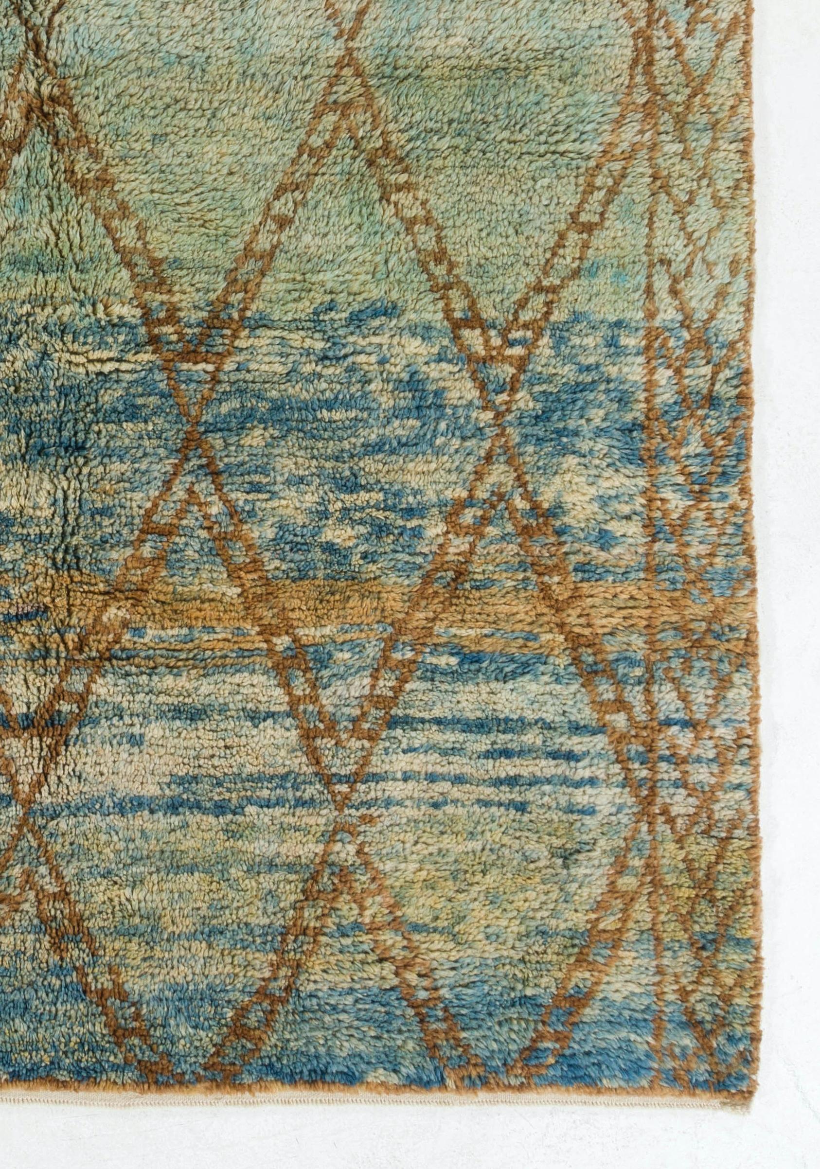 Hand-Knotted 7x10 Ft Modern Moroccan Berber Wool Rug. Hand-knotted in Green, Blue & Brown For Sale