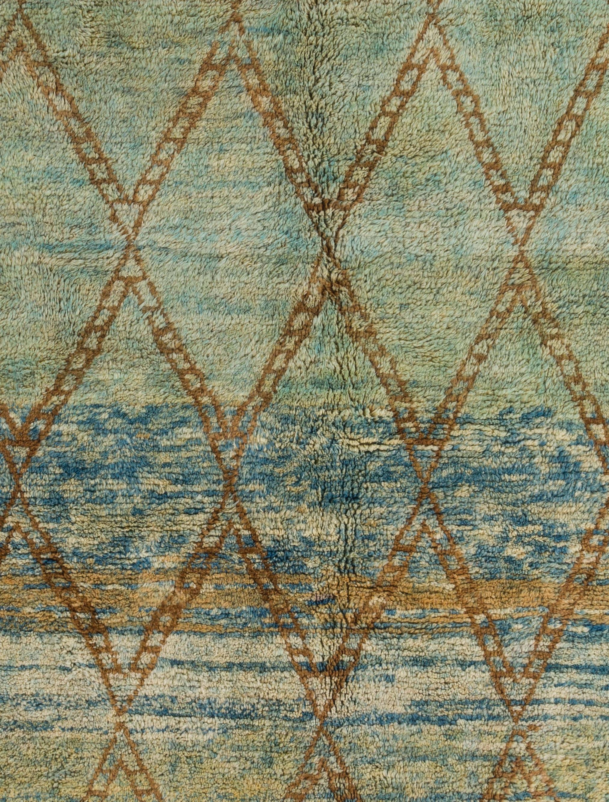 Contemporary 7x10 Ft Modern Moroccan Berber Wool Rug. Hand-knotted in Green, Blue & Brown For Sale
