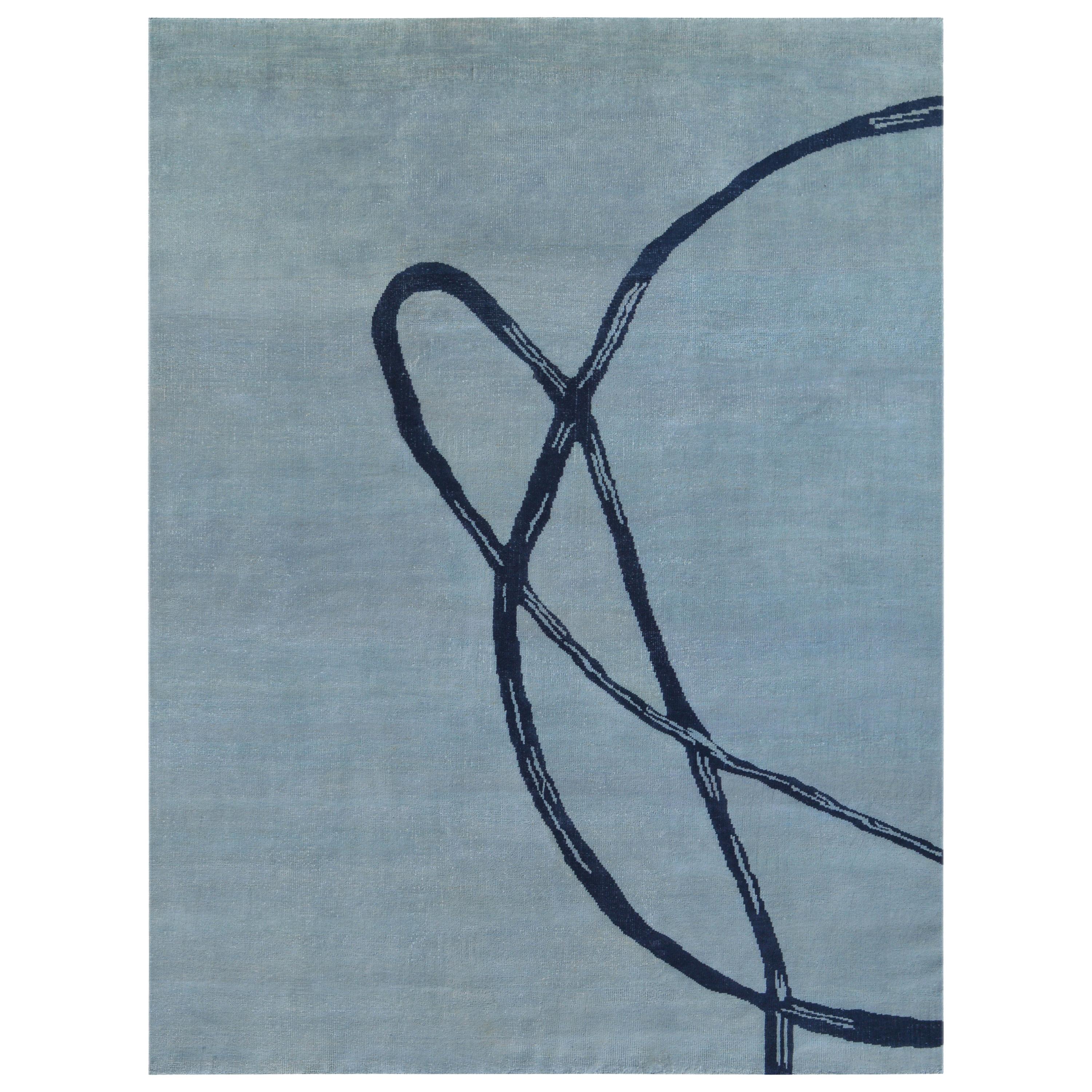 Light Blue with Navy Post Modern Hand-Knotted Wool Rug in Japanese Design For Sale