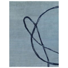 Light Blue with Navy Post Modern Hand-Knotted Wool Rug in Japanese Design