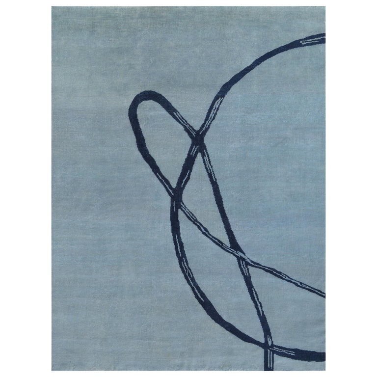 Light Blue Navy Post Modern Hand-Knotted Wool Hand-Knotted Rug For Sale