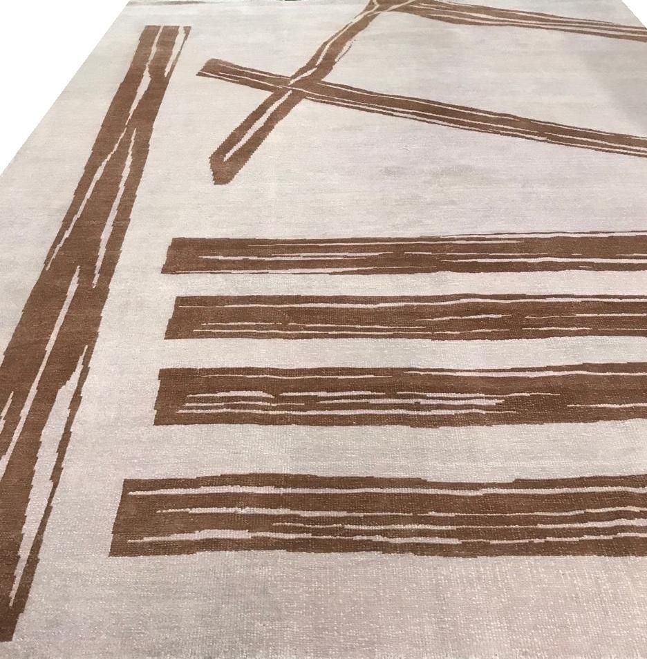 Handgeknüpfter zeitgenössischer hellrosa, bläulich-brauner Teppich im abstrakten Design (Handgewebt)