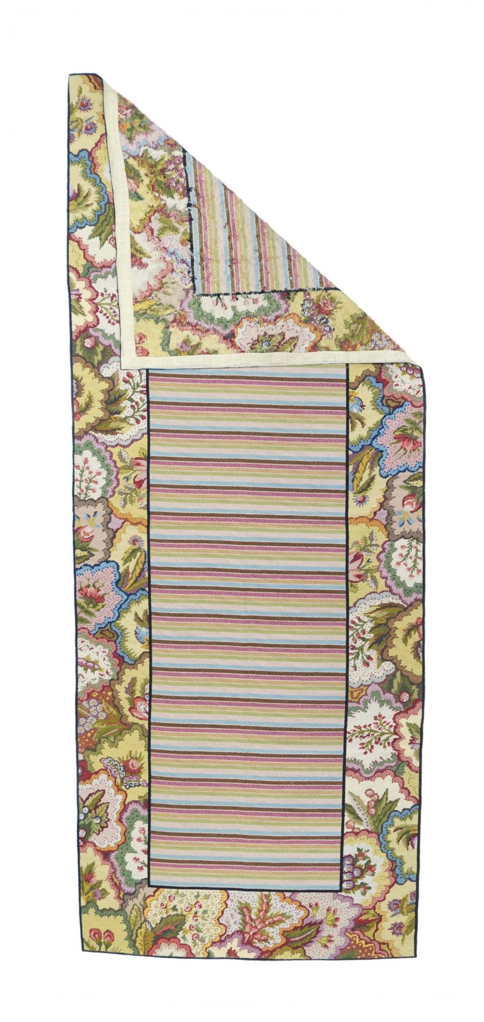 Hand Knotted Needle Point Wool Rug 3' x 8'. Usually English or French, often with repeating allover designs executed with wool cross-stitches. Larger carpets are workshop productions, smaller pieces have a single artisan author. Flat weave texture,