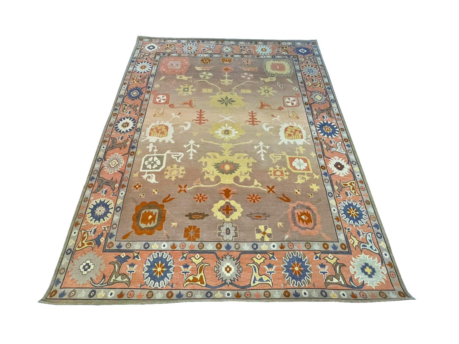 Contemporary Hand Knotted Neutral Toned Modernized Oushak Rug by Gordian Rugs For Sale