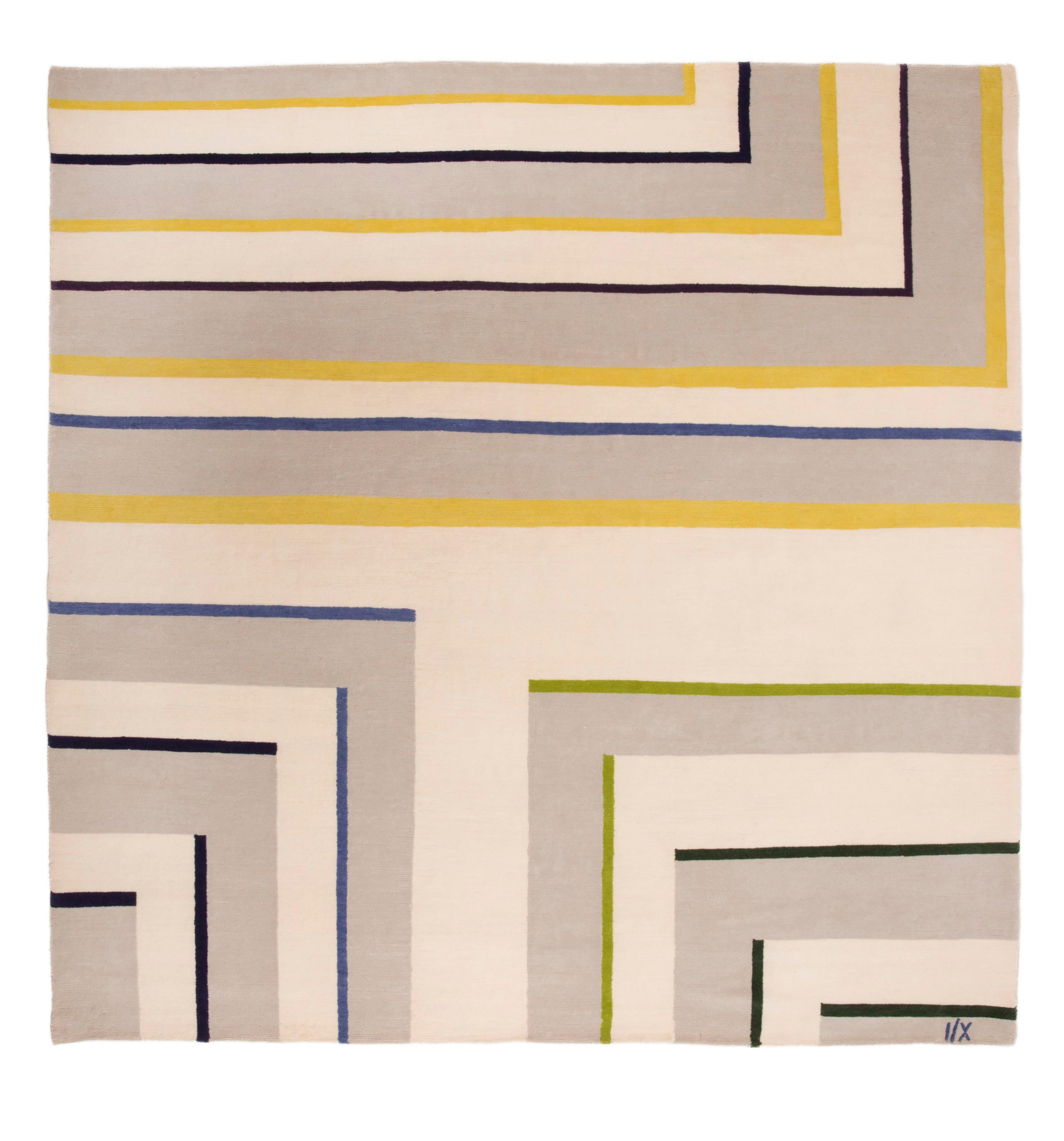 Modern White Corner Rug Hand Knotted Neutral Wool Carpet with Lines Blue Yellow White For Sale