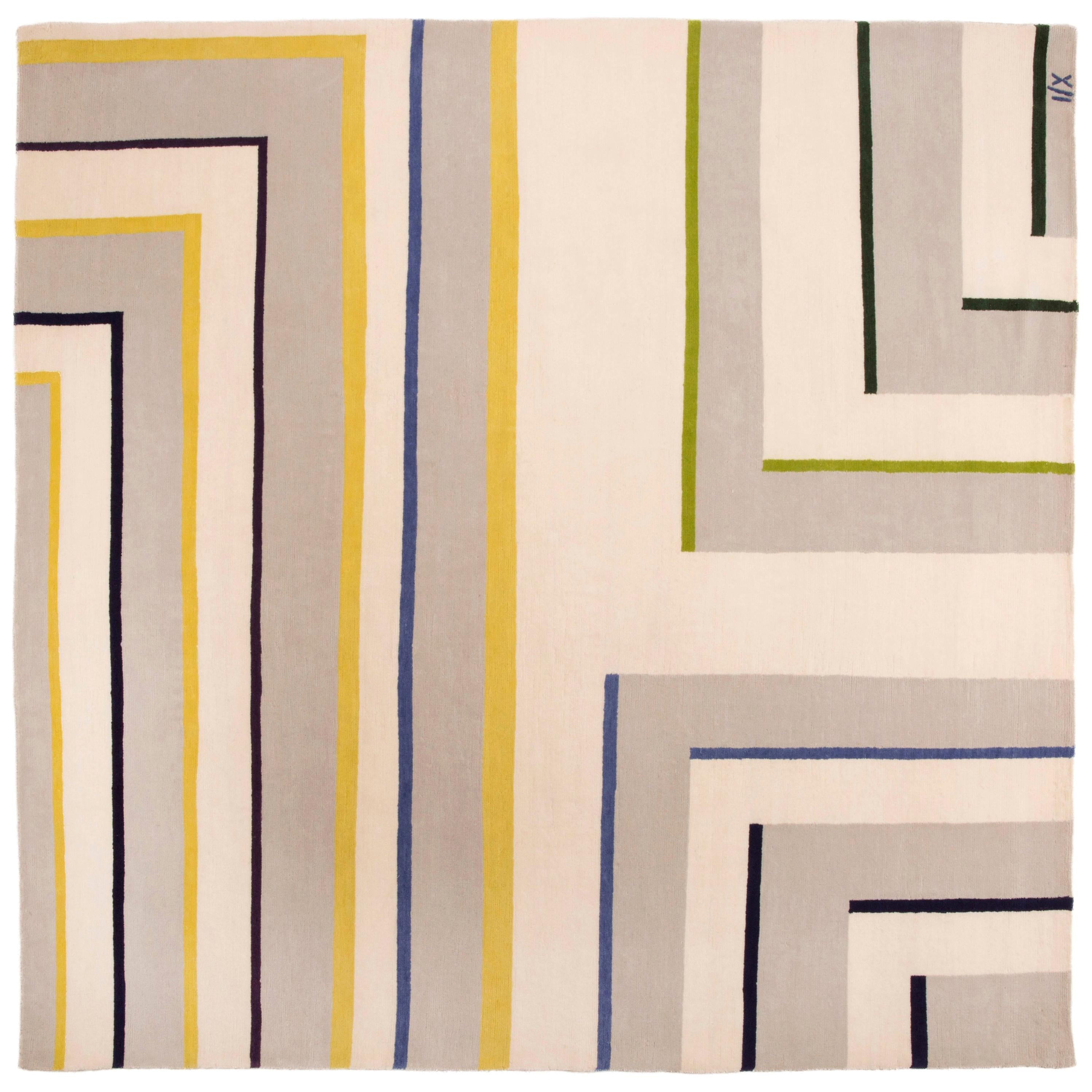 White Corner Rug Hand Knotted Neutral Wool Carpet with Lines Blue Yellow White