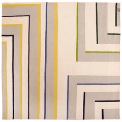 Alfombra de Esquina Blanca Anudada a Mano Alfombra de Lana Neutra con Líneas Azul Amarillo Blanco