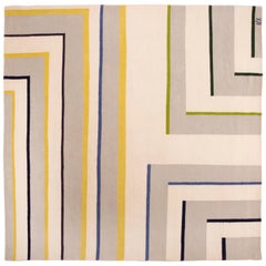 White Corner Rug Hand Knotted Neutral Wool Carpet with Lines Blue Yellow White