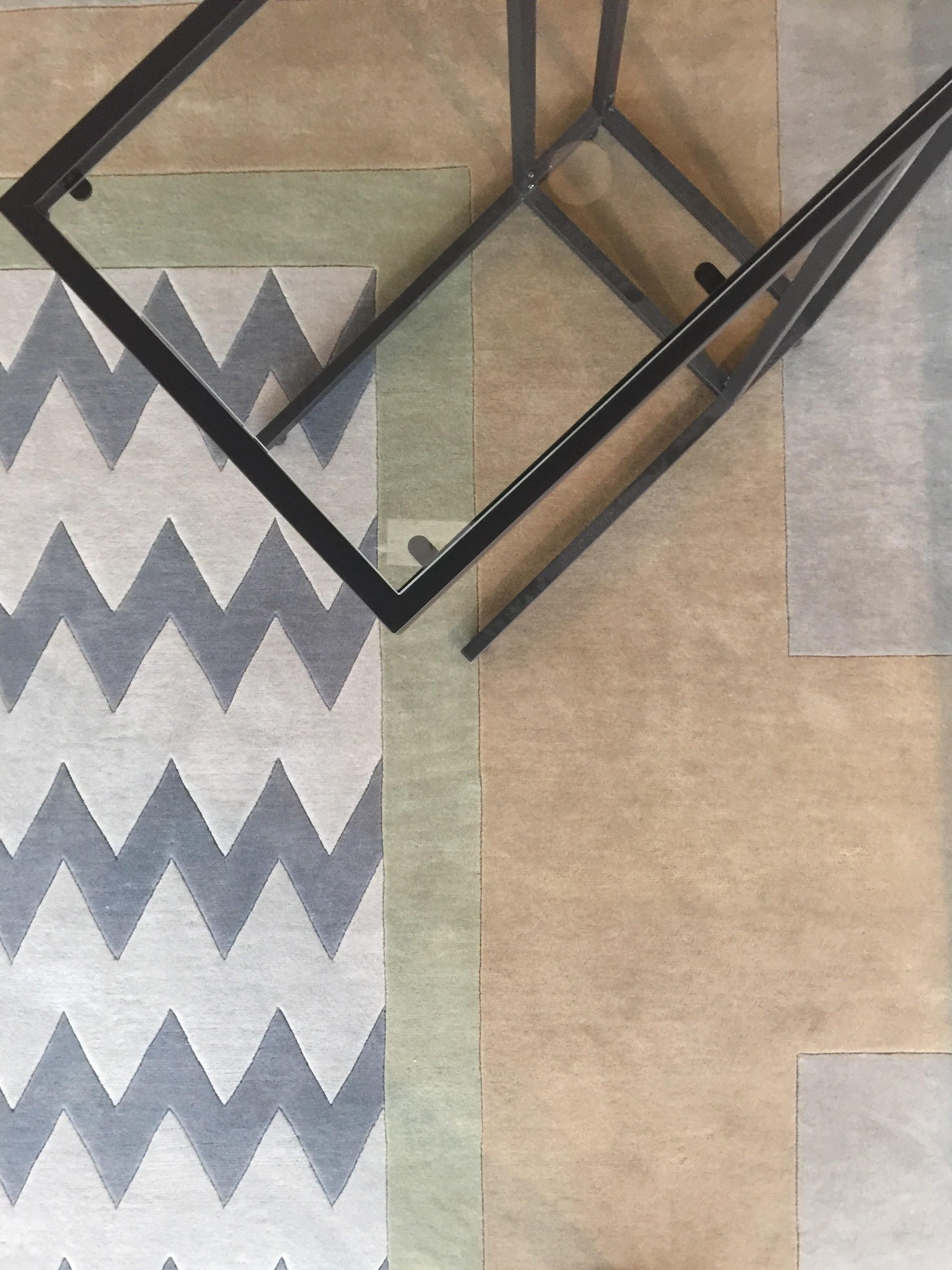 Indian  Rug Winter Garden - Carpet Modern Brown Grey Pink Green Geometric Wool Neutral For Sale