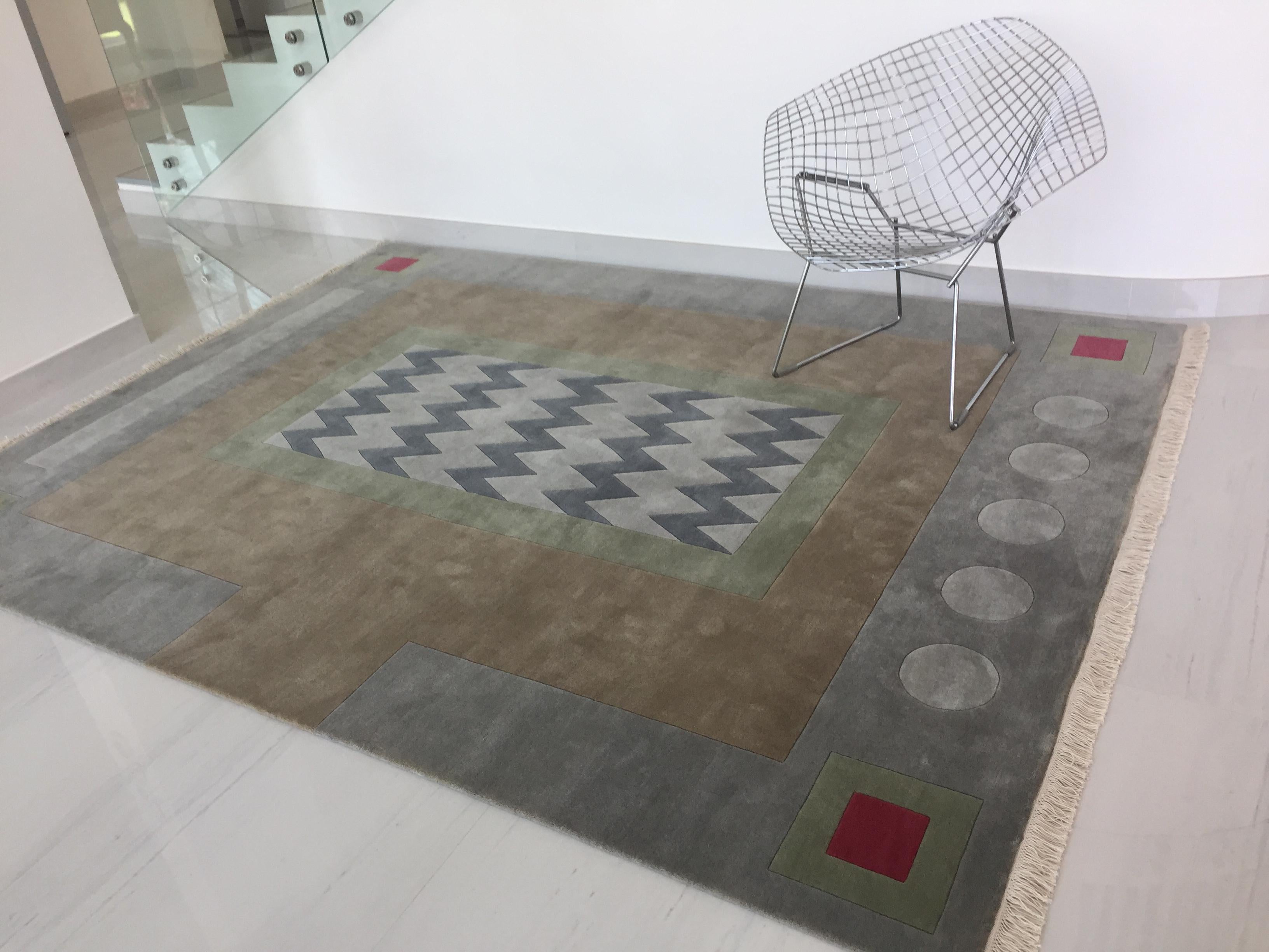 Hand-Knotted  Rug Winter Garden - Carpet Modern Brown Grey Pink Green Geometric Wool Neutral For Sale