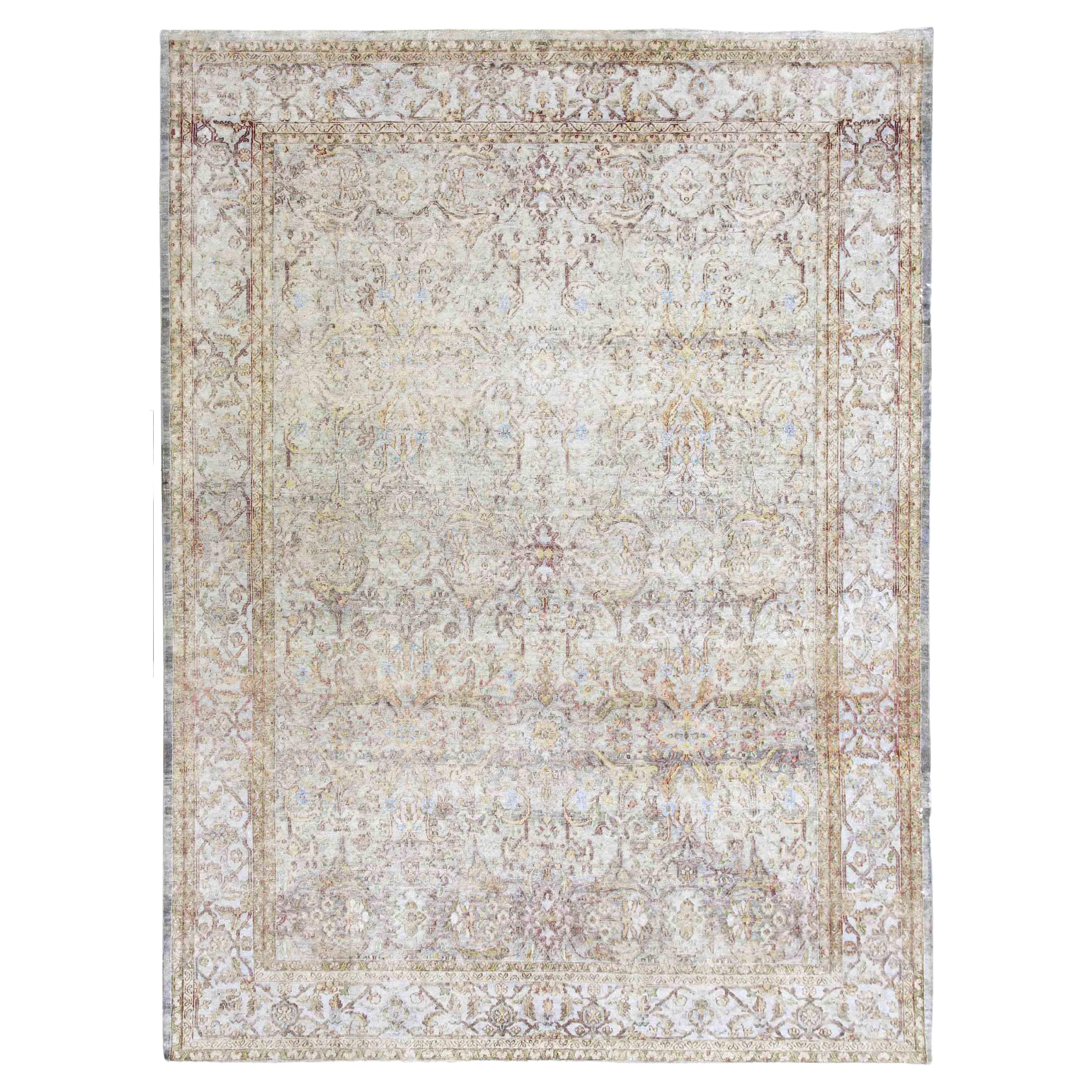 Hand Knotted One of a Kind Distressed Silk Rug 8'7''x11'6'' For Sale