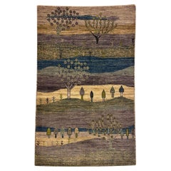 Tappeto persiano tribale moderno organico annodato a mano, lana viola, blu, crema, 3x5