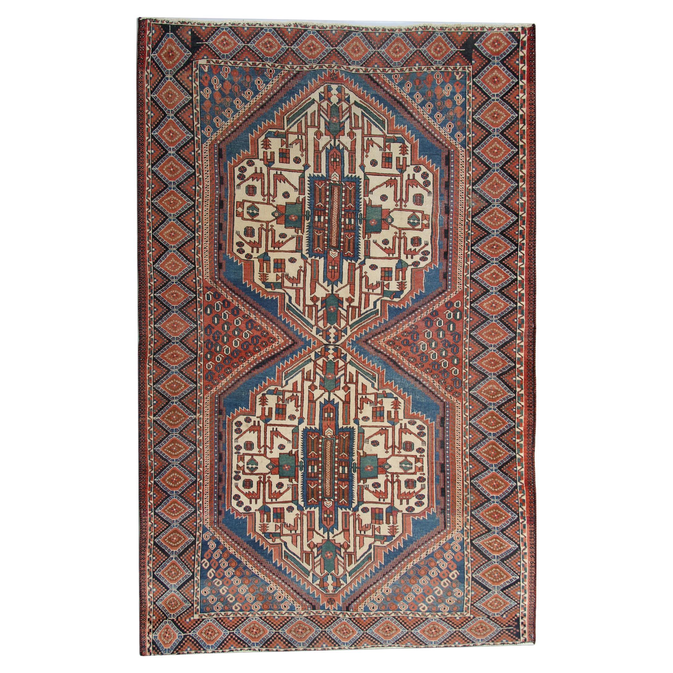 Hand-knotted Antique Rugs Wool Area Traditional Geometric Carpet 134x250cm For Sale