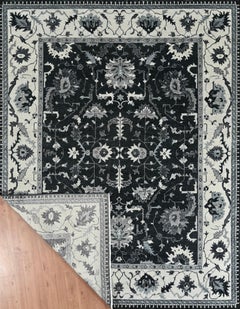 Hand-Knotted Oushak Revival Wool Rug in Black, Ivory and Silver Grey