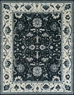 Hand-Knotted Oushak Revival Wool Rug in Black, Ivory and Silver Grey