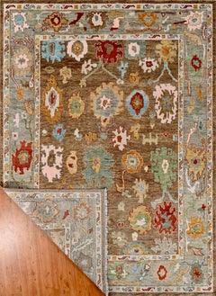Hand-Knotted Oushak Revival Wool Rug in Brown and Soft Gray
