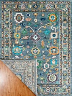 Hand-Knotted Oushak Revival Wool Rug in Soft Gray with Multicolor Floral Motifs