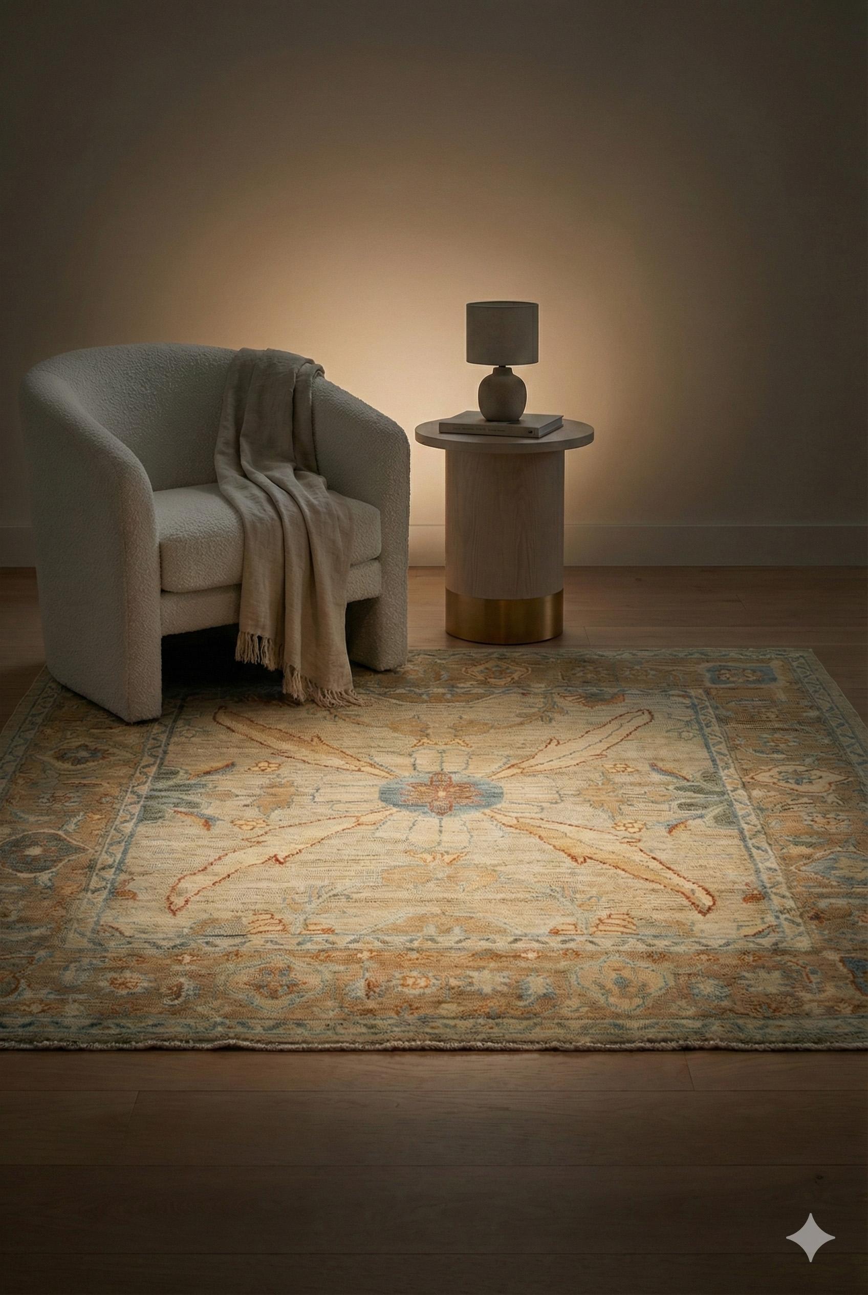 Handgeknüpfter Oushak-Teppich - Elfenbein, Beige und Blau (Indisch) im Angebot