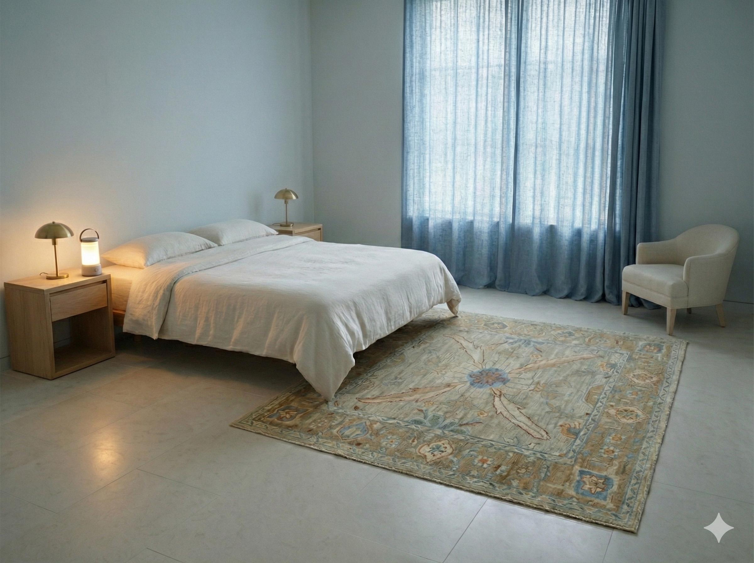 Handgeknüpfter Oushak-Teppich - Elfenbein, Beige und Blau (Handgewebt) im Angebot