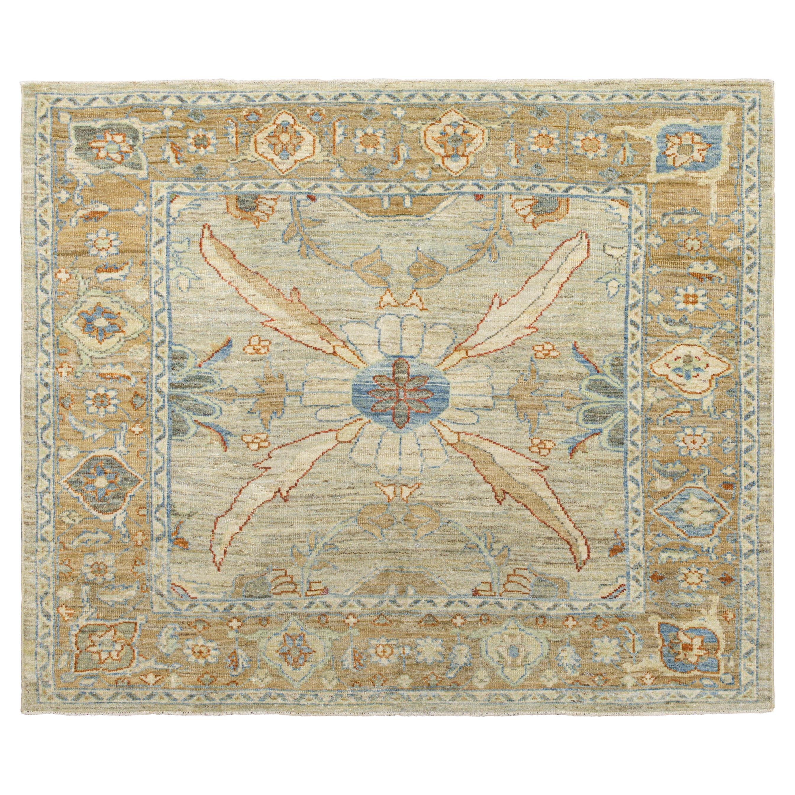 Handgeknüpfter Oushak-Teppich - Elfenbein, Beige und Blau im Angebot