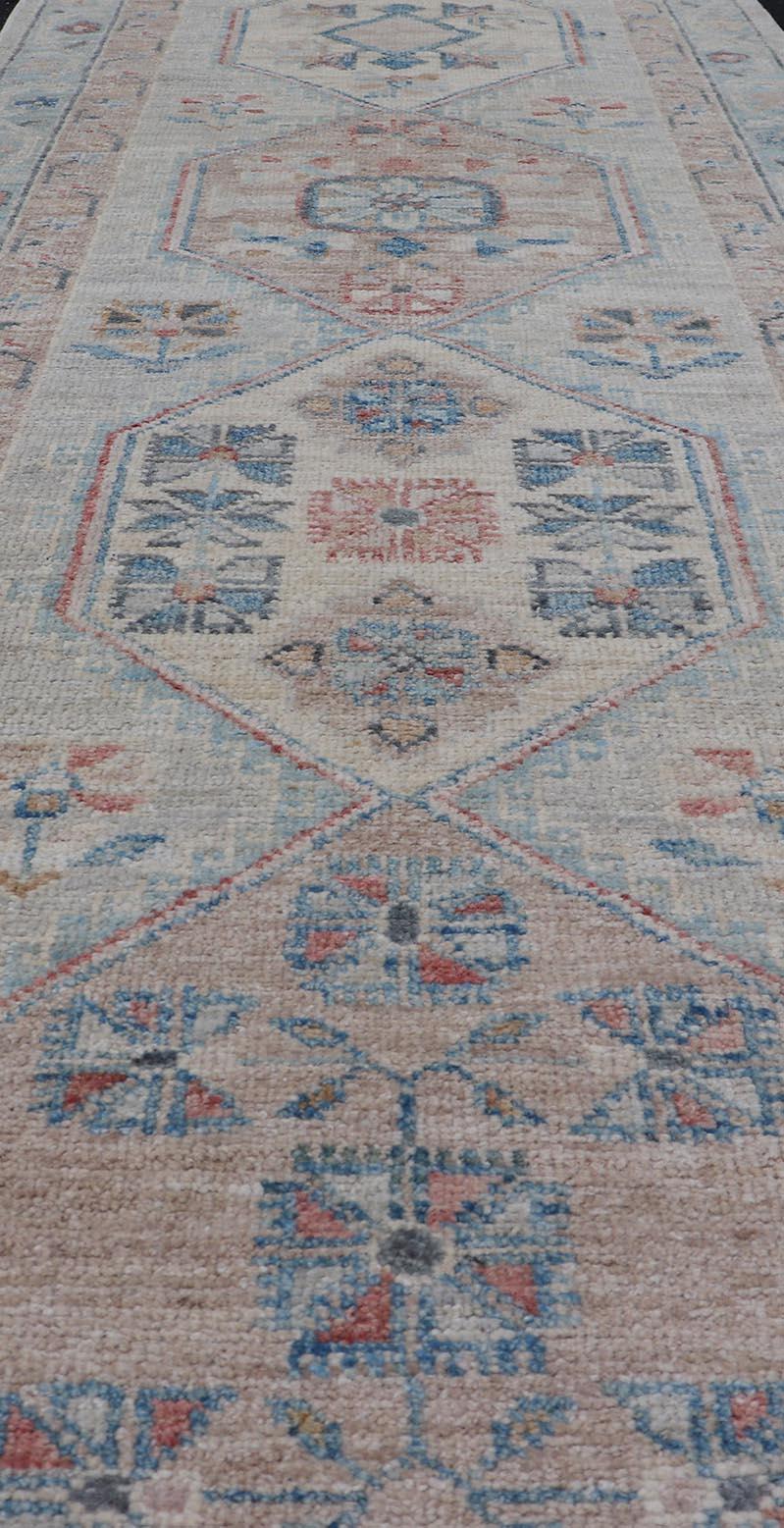 Hand-Knotted Oushak Runner with Medallion Design On A Cream Field With Blues For Sale 1