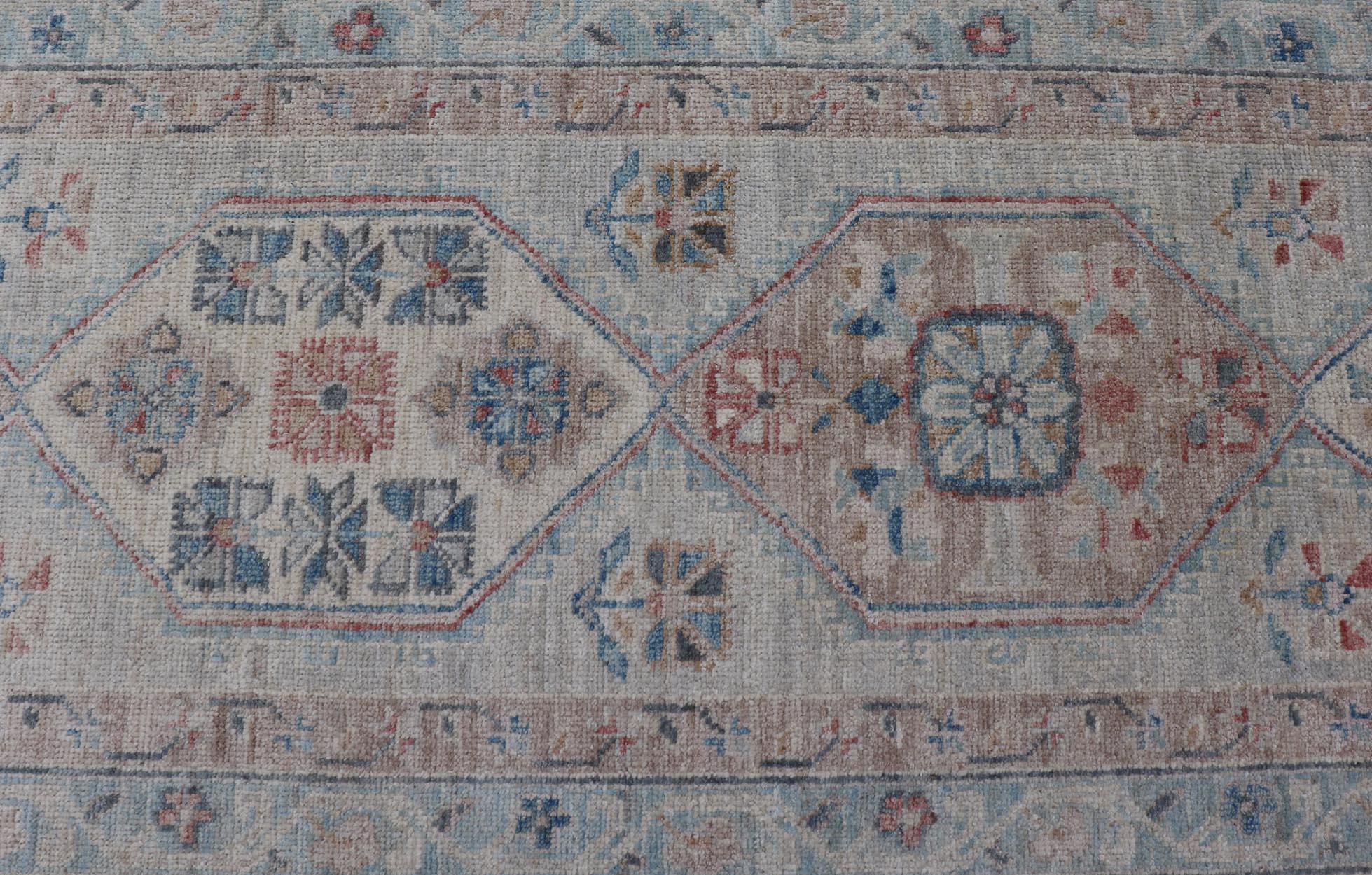 Hand-Knotted Oushak Runner with Medallion Design On A Cream Field With Blues For Sale 2