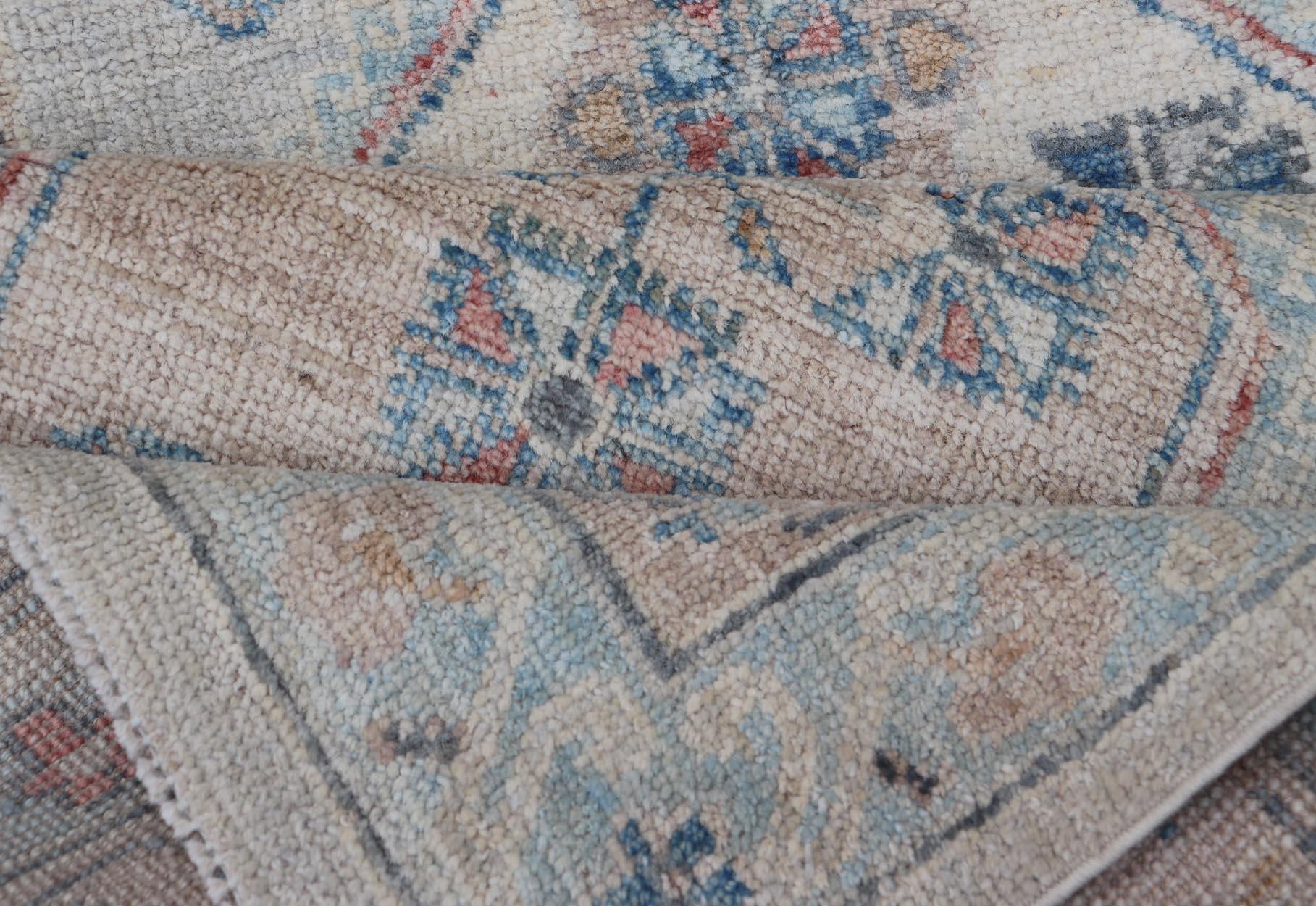 Hand-Knotted Oushak Runner with Medallion Design On A Cream Field With Blues For Sale 3