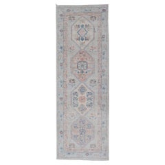 Hand-Knotted Oushak Runner with Medallion Design On A Cream Field With Blues