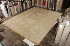 Hand Knotted Oushak Style Rug in Beige and Blue Floral Pattern