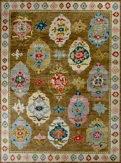 Hand-Knotted Oushak Style Wool Rug in Gold Beige with Pastel Floral Medallions