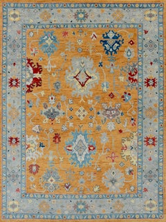 Tapis en laine noué à la main, style Oushak, dans les tons camel doré et gris clair