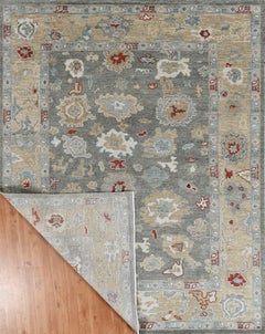 Hand-Knotted Oushak Style Wool Rug in Grey, Antique Gold and Soft Blue