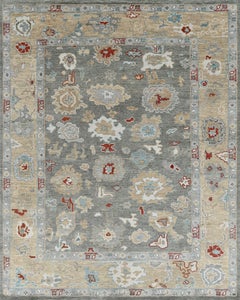 Hand-Knotted Oushak Style Wool Rug in Grey, Antique Gold and Soft Blue