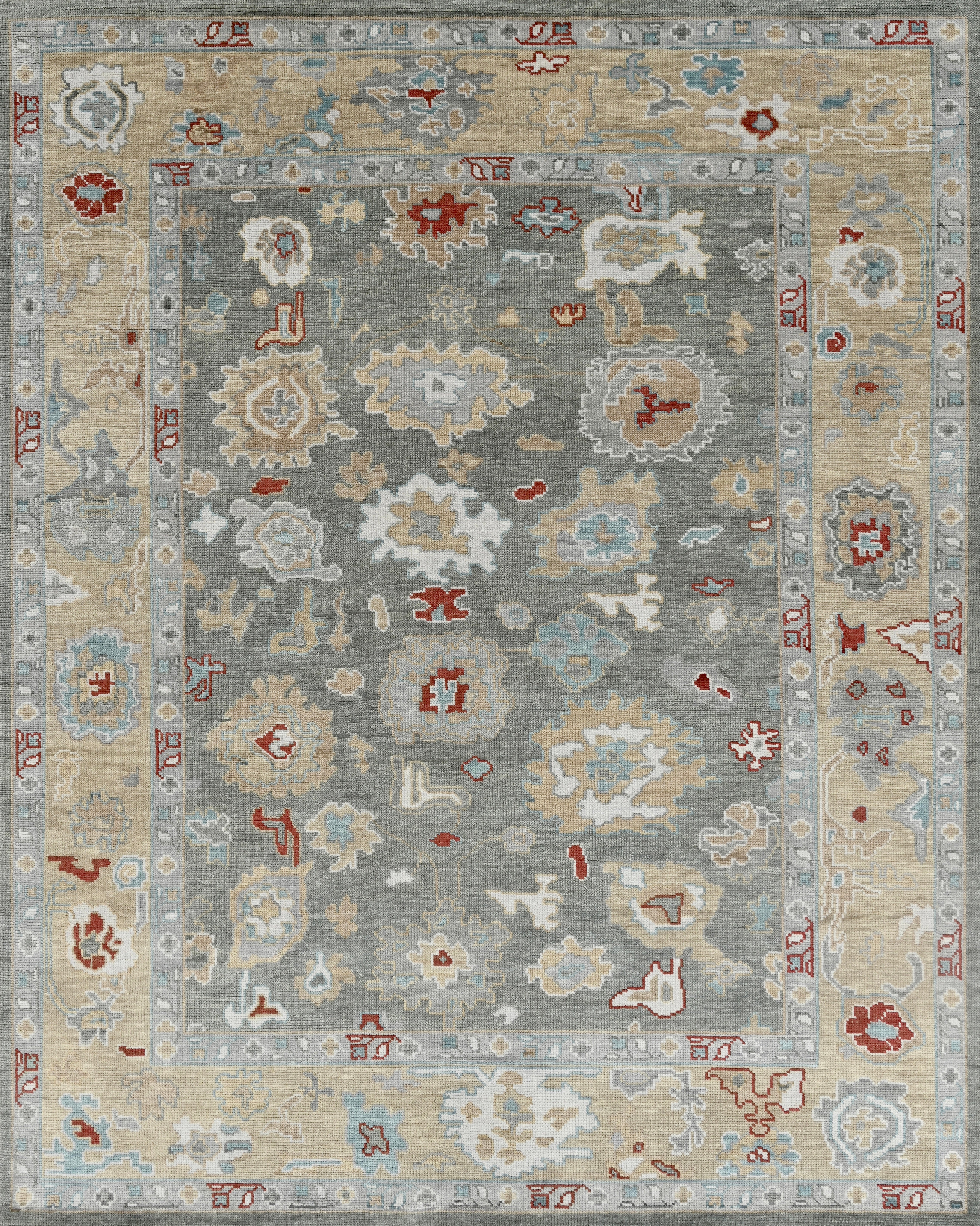 Hand-Knotted Oushak Style Wool Rug in Grey, Antique Gold and Soft Blue For Sale