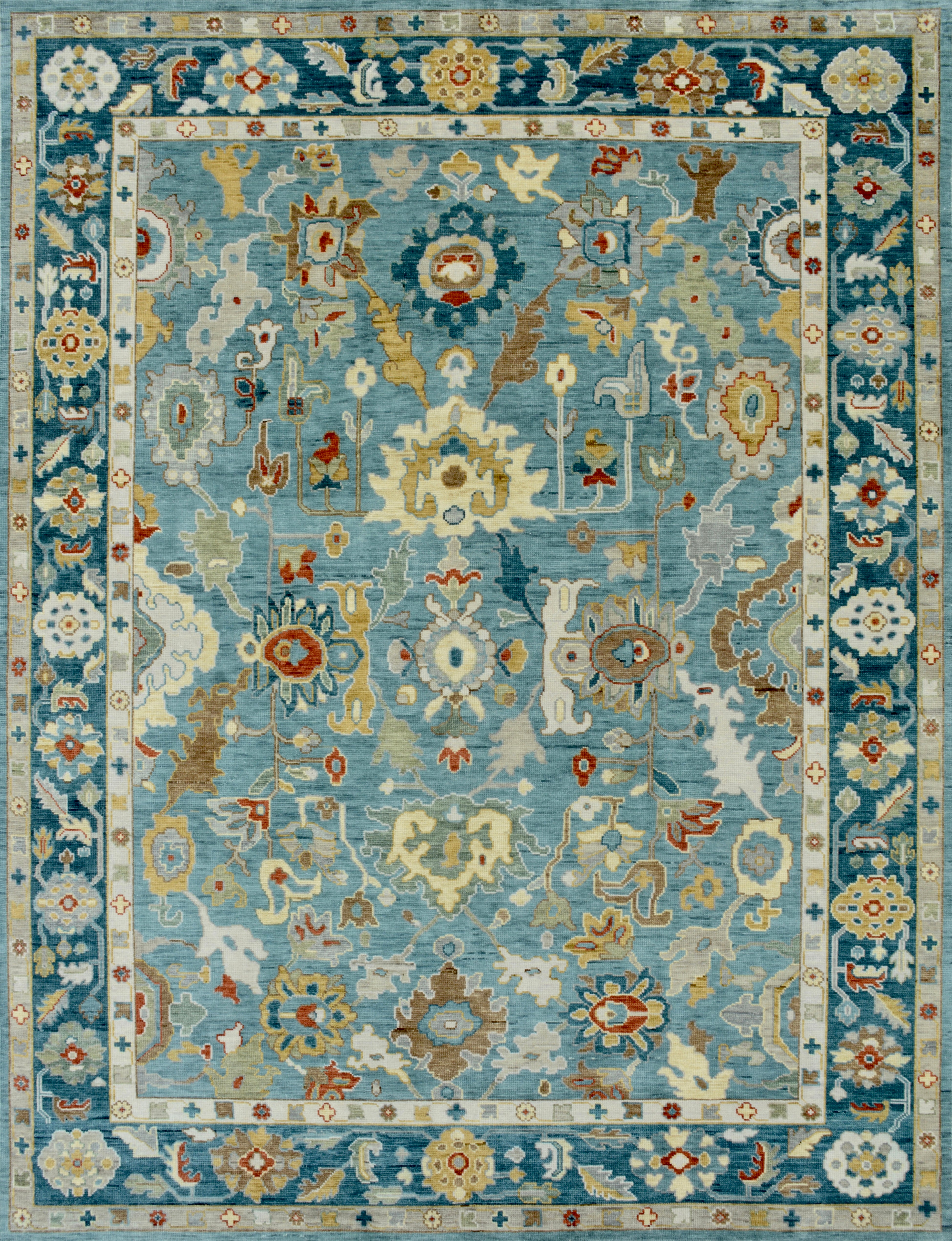 Hand-Knotted Oushak Style Wool Rug in Light Blue & Deep Blue with Floral Motifs