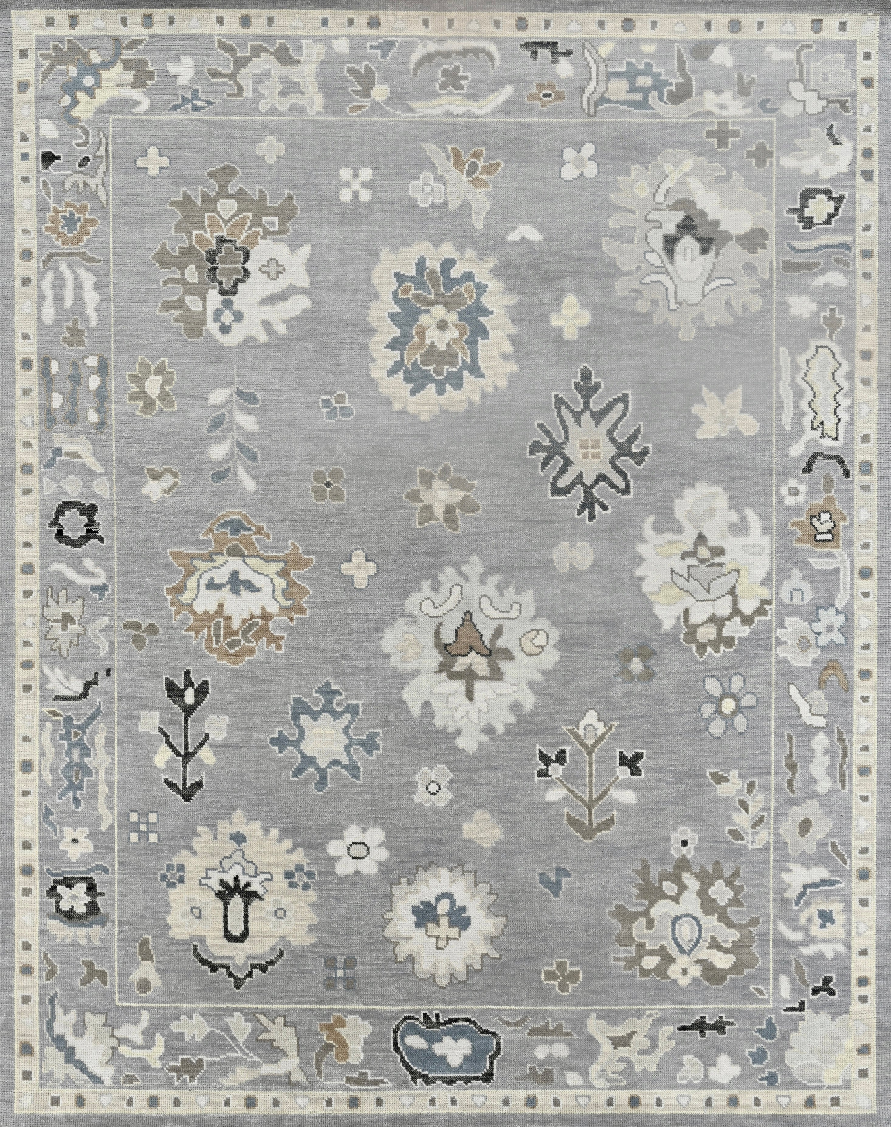 Hand-Knotted Oushak Style Wool Rug in Light Gray, Ivory and Soft Blue For Sale