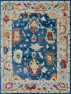 Hand-Knotted Oushak Style Wool Rug in Navy Blue and Ivory with Multicolor Accent