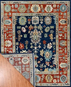 Hand-Knotted Oushak Style Wool Rug in Navy Blue and Rust Red