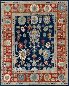 Hand-Knotted Oushak Style Wool Rug in Navy Blue and Rust Red