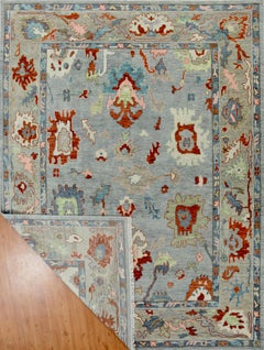 Hand-Knotted Oushak Style Wool Rug in Soft Grey and Beige with Terracotta Accent