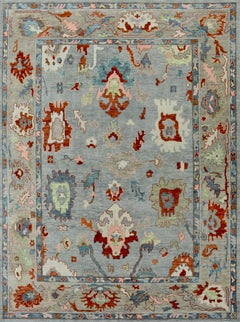 Hand-Knotted Oushak Style Wool Rug in Soft Grey and Beige with Terracotta Accent