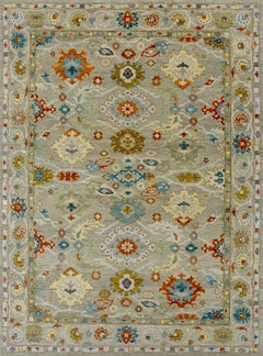 Hand-Knotted Oushak Style Wool Rug Soft Camel with Multicolor Floral Medallions