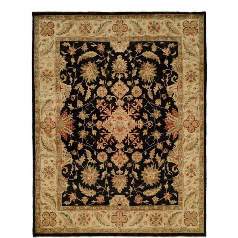 Hand-Knotted Oushak Wool Rug 8'9"x11'8" Black Ivory Floral Medallion