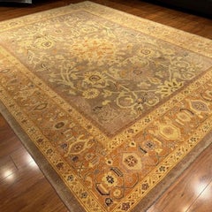Alfombra de lana Oushak tejida a mano, 8'9" x 11'9", diseño floral turco en tonos gris pardo y dorado