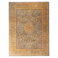 Alfombra de lana Oushak tejida a mano, 8'9" x 11'9", diseño floral turco en tonos gris pardo y dorado