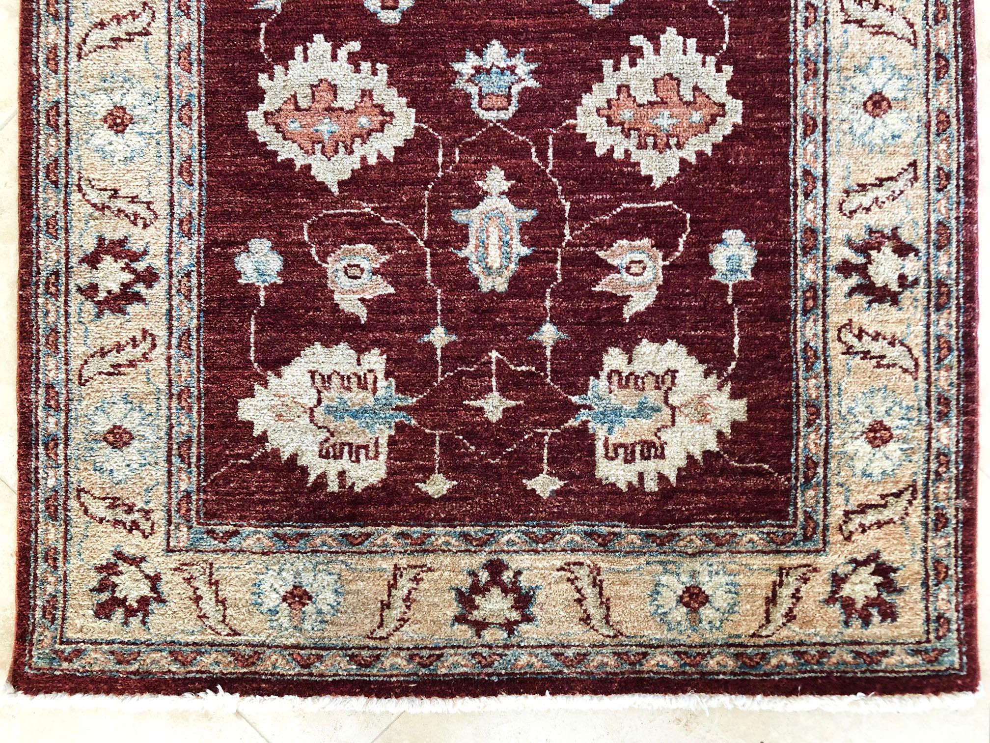 Hand Knotted Pakistan Peshawar All-Over Semi Floral Burgundy Runner Rug For Sale 7