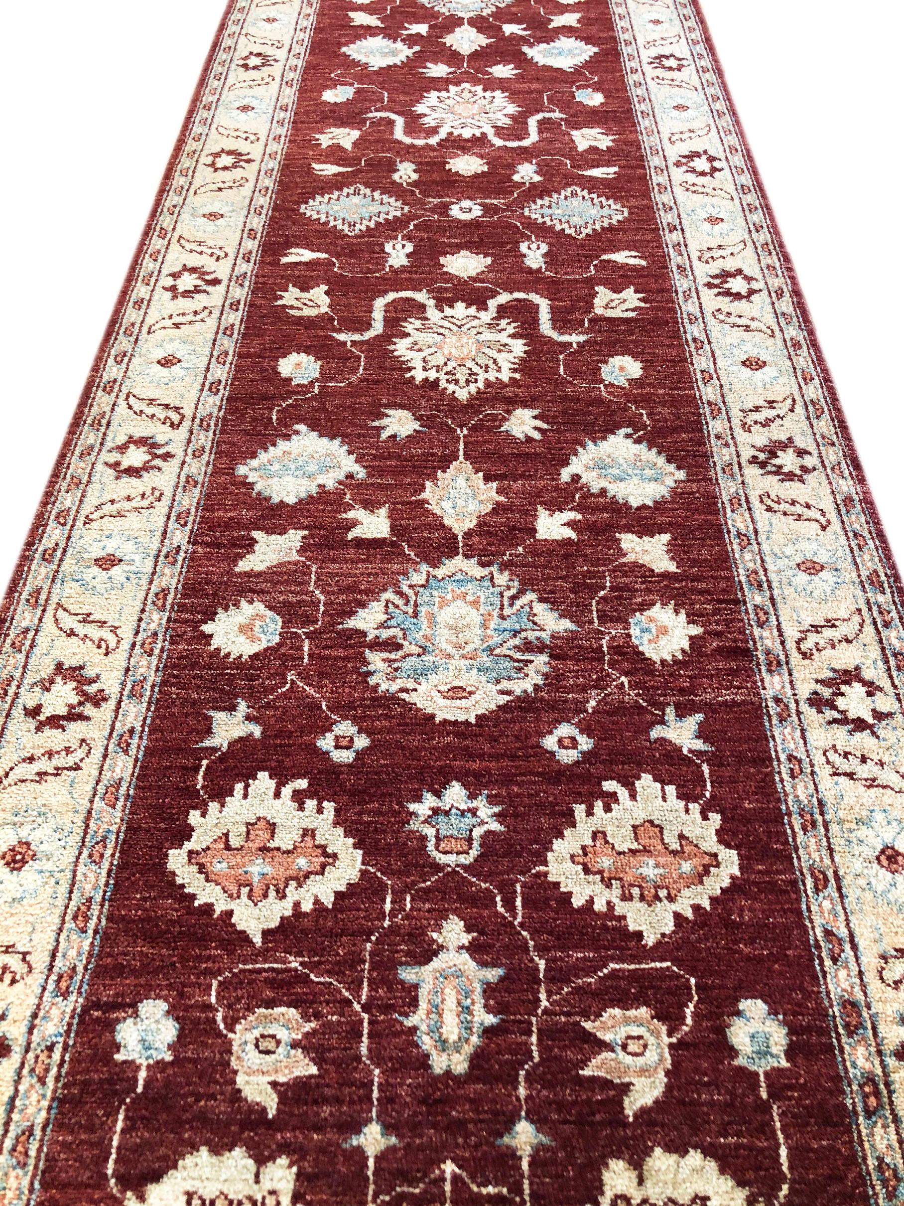 Pakistani Hand Knotted Pakistan Peshawar All-Over Semi Floral Burgundy Runner Rug For Sale
