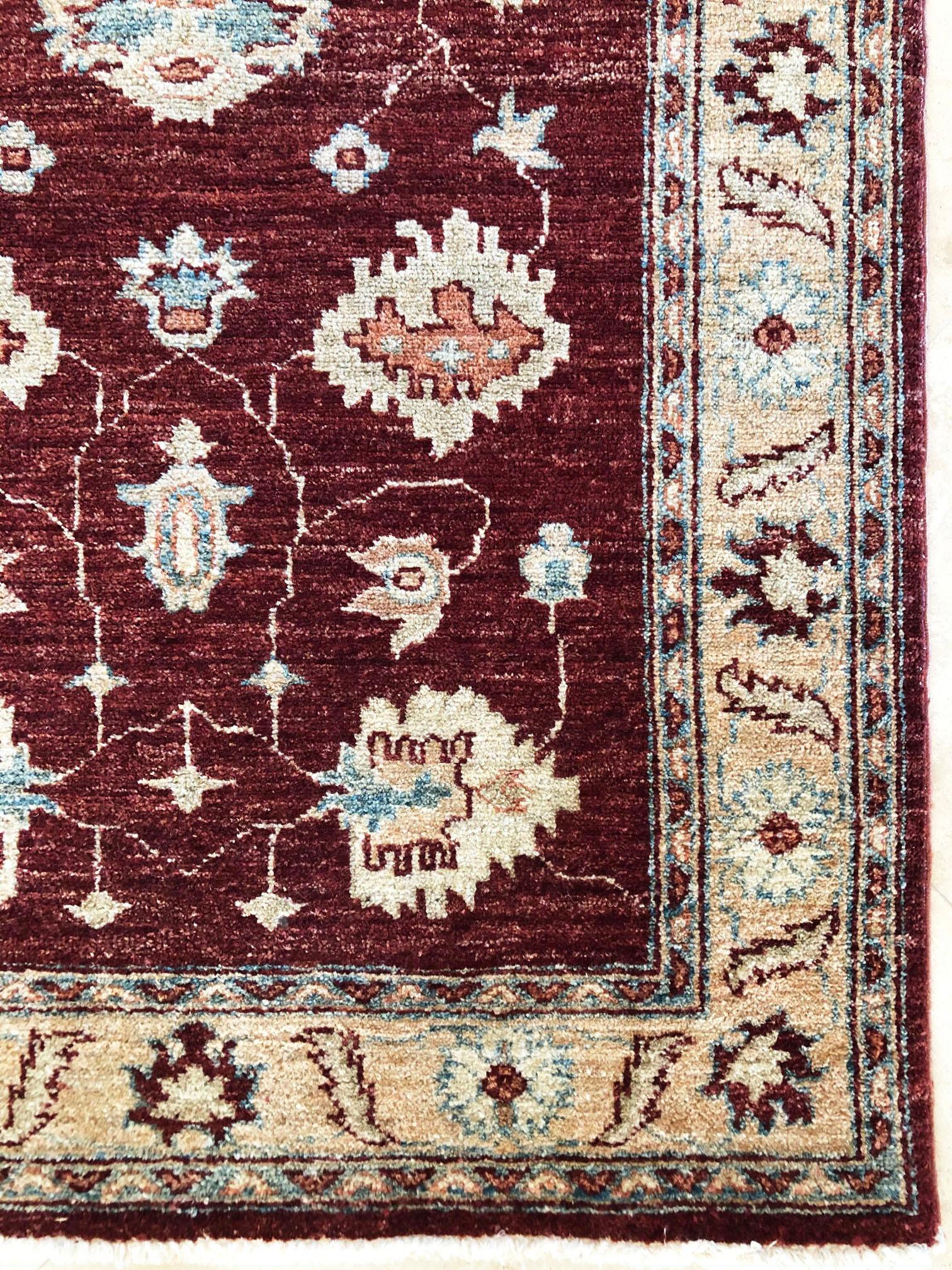 Hand Knotted Pakistan Peshawar All-Over Semi Floral Burgundy Runner Rug For Sale 1
