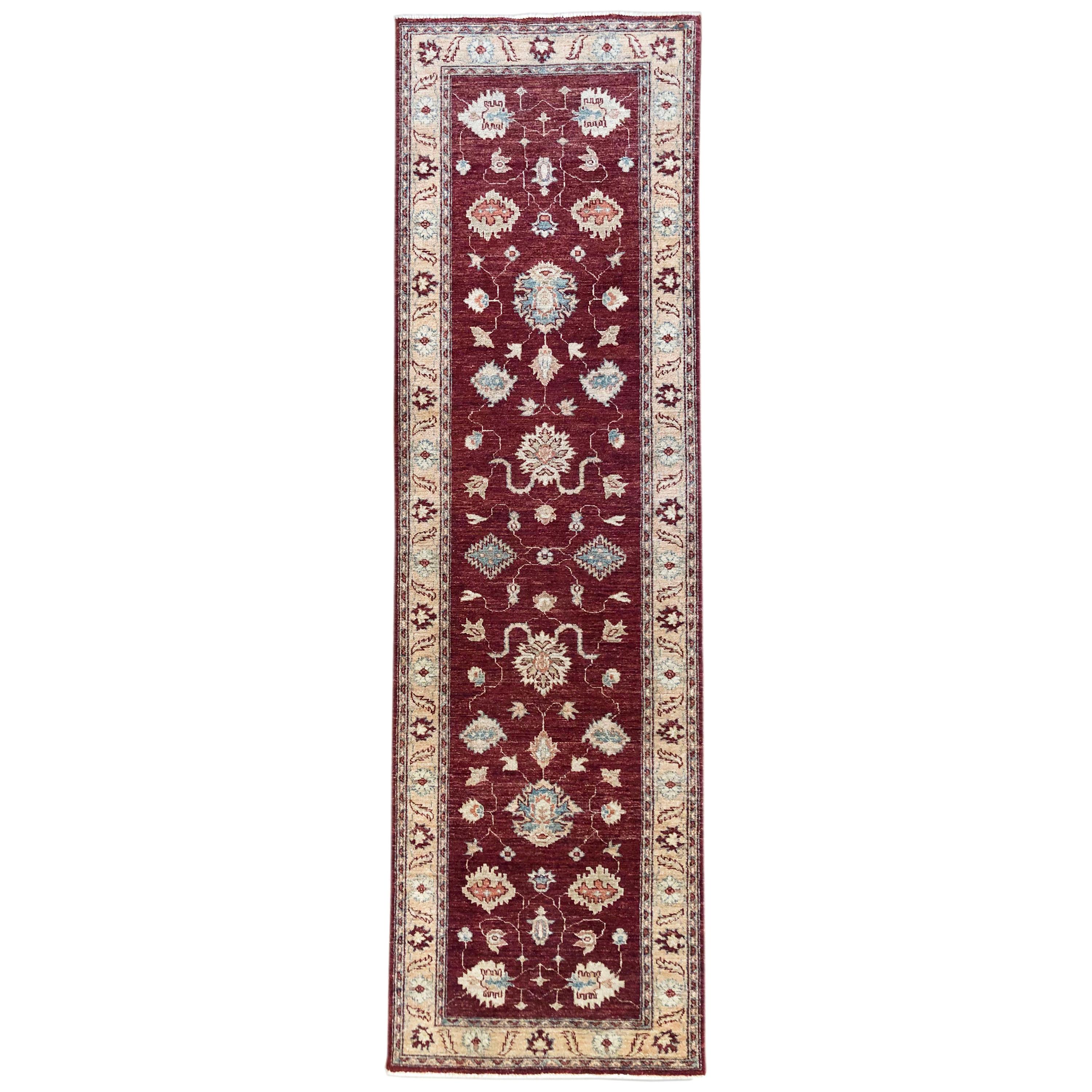 Hand Knotted Pakistan Peshawar All-Over Semi Floral Burgundy Runner Rug For Sale