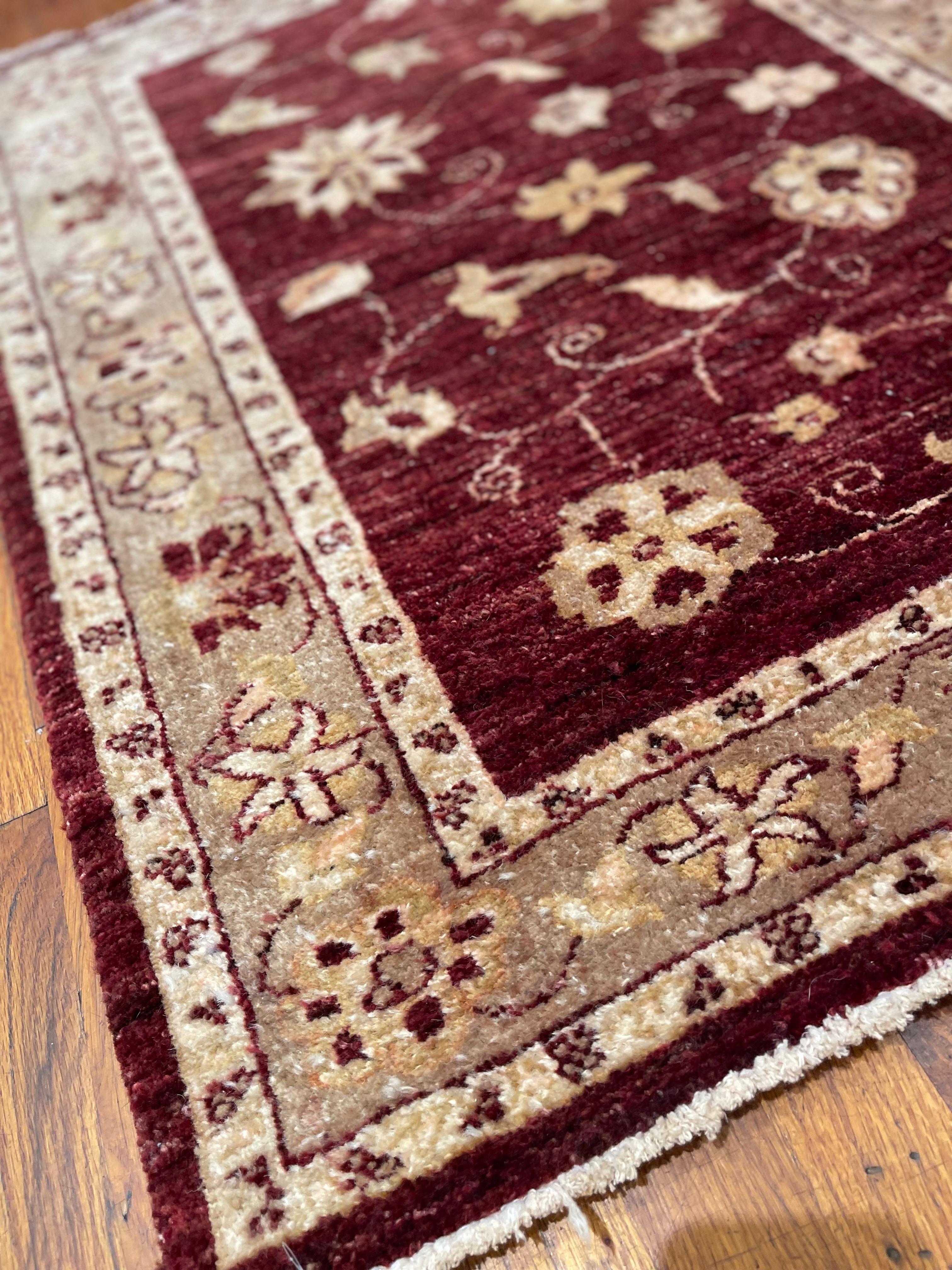 Contemporary Hand Knotted Pakistan Semi Floral Burgundy Rug For Sale